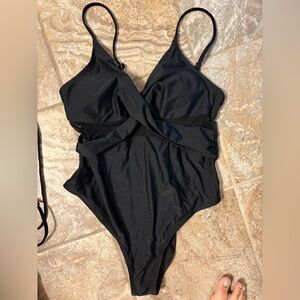 Black One-Piece Swimsuit with Sexy Mesh Cut Outs